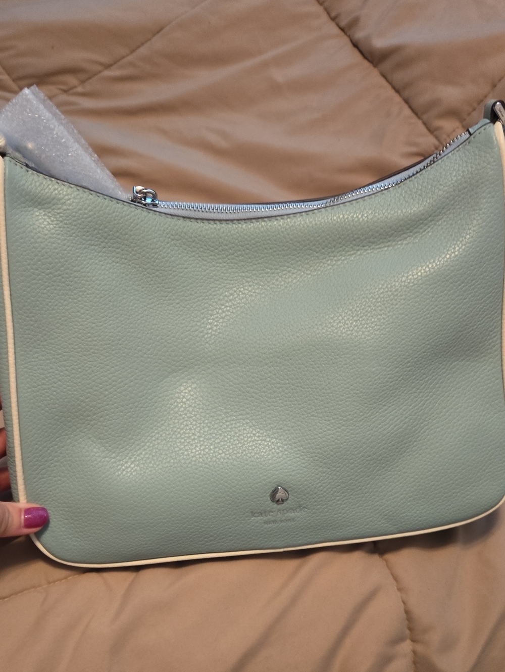 kate spade Mint Green Pebble Leather Shoulder Bag with Cream Trim